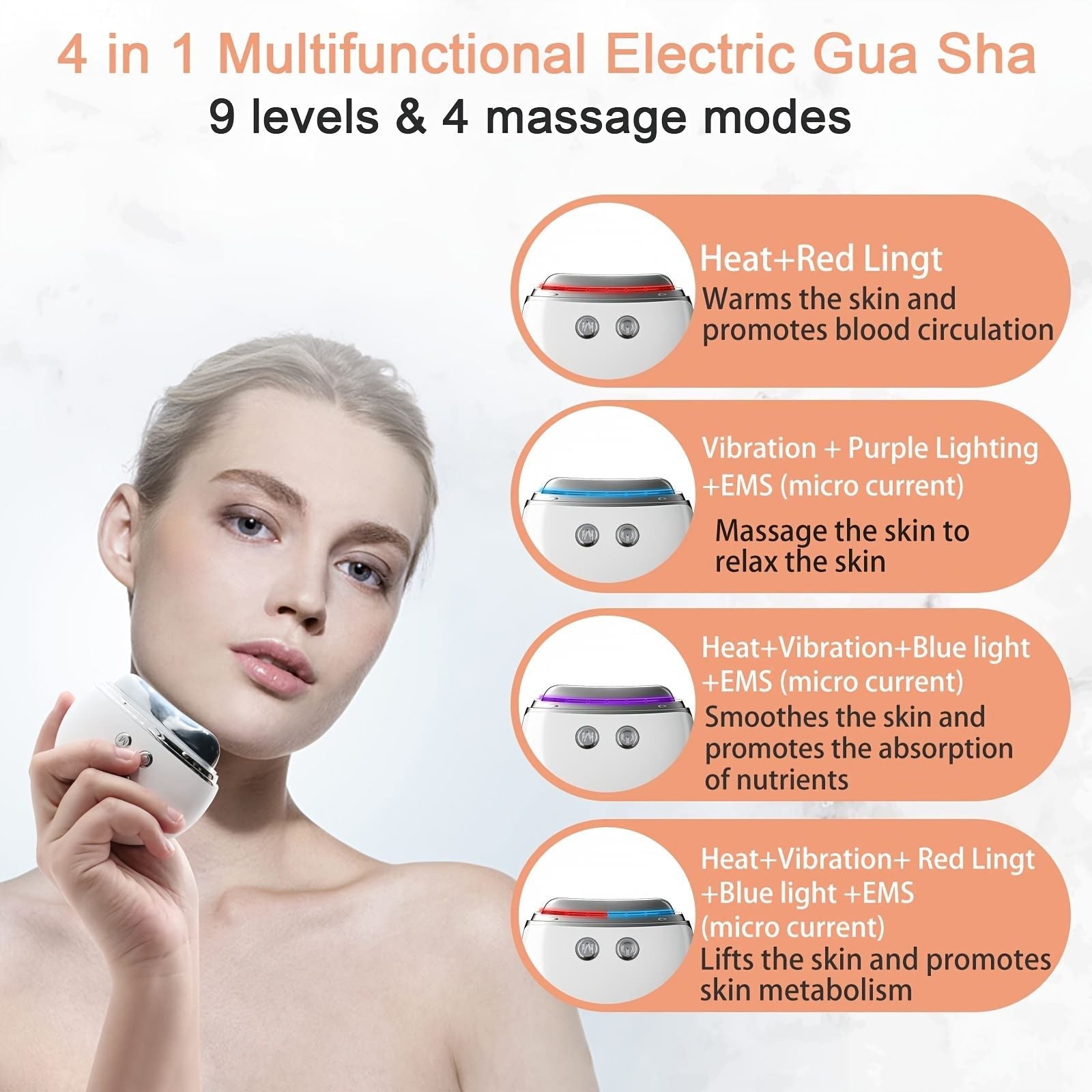 1 Stk. Elektrisches Gua Sha Gesichtsgerät; Gesichtsschabemassagegerät mit 9 Modi; Hautpflegegerät zur Anti-Aging-Behandlung; Verbesserung der Gesichtskontur