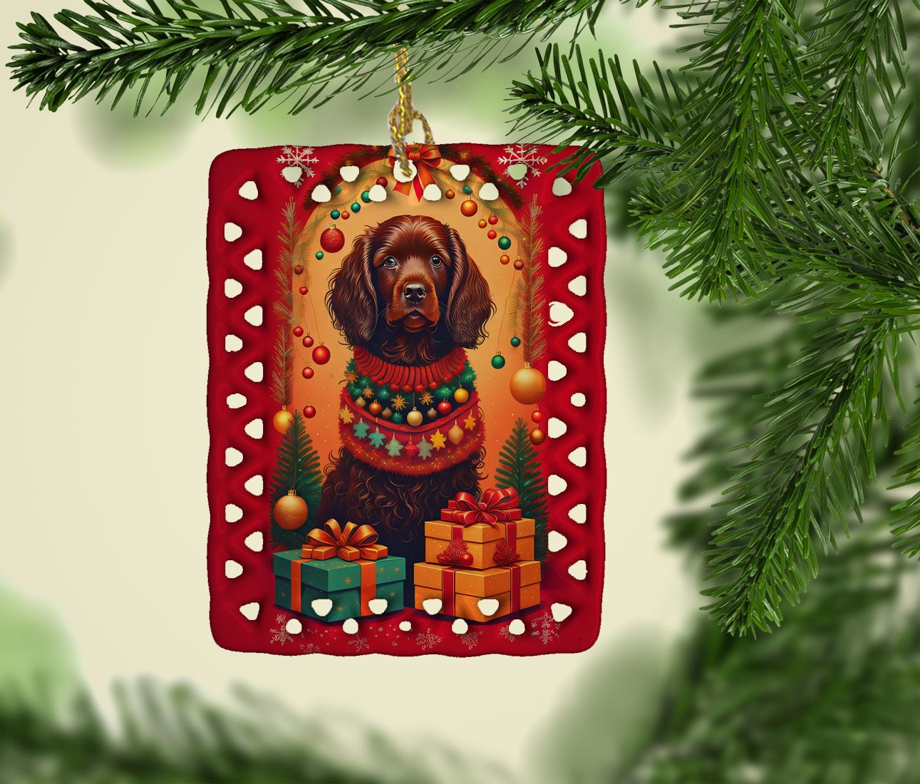Boykin Spaniel Weihnachts-Porzellanornament Christbaumschmuck für Zuhause Weihnachtsfeiertage, Rechteck, Geschenk, Mehrfarbig