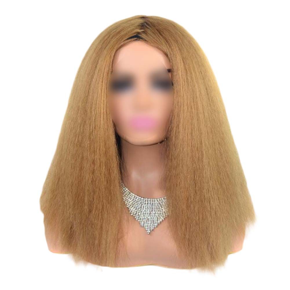 Khaki Afro Glatte Bob Perücken Flauschige Synthetische Haare Yaki Glatt Lockig Mittelscheitel Pony Volle Perücken, 14 Zoll