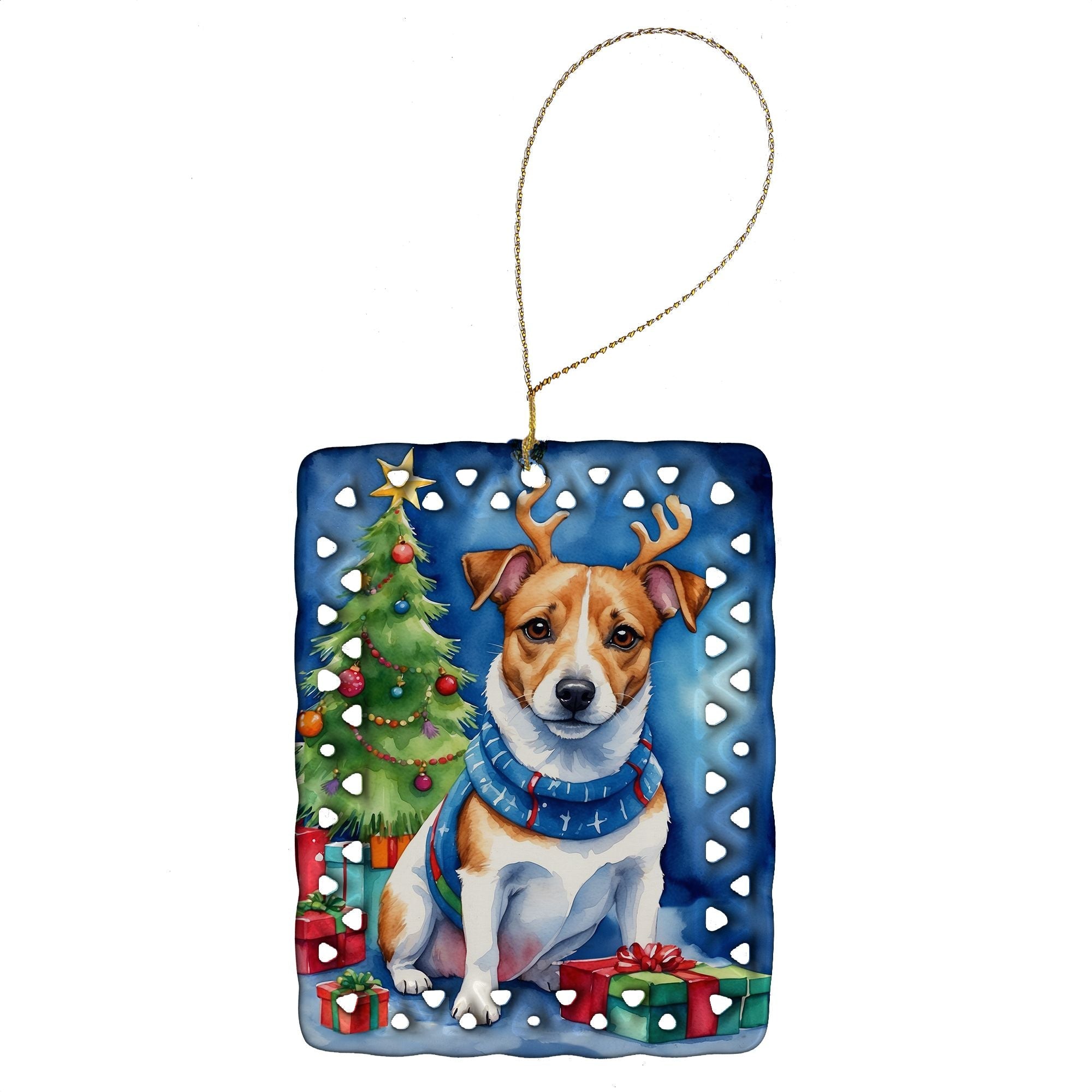 Jack Russell Terrier Weihnachtsrentier Porzellan Ornament Christbaumschmuck zum Aufhängen für Zuhause Weihnachtsferien, Rechteck, Geschenk, Mehrfarbig