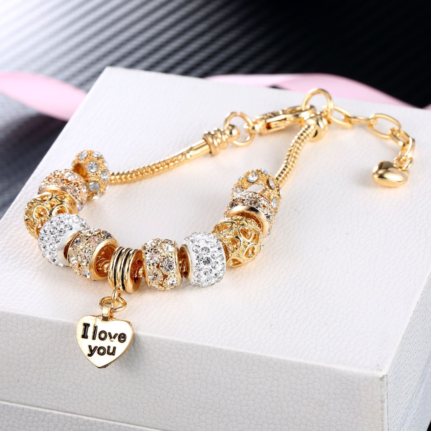 Herz-Charm-Armband mit Verlängerung, vergoldete Schlangenkette, Armbänder mit Zirkonia-Kristallperlen und Anhängern