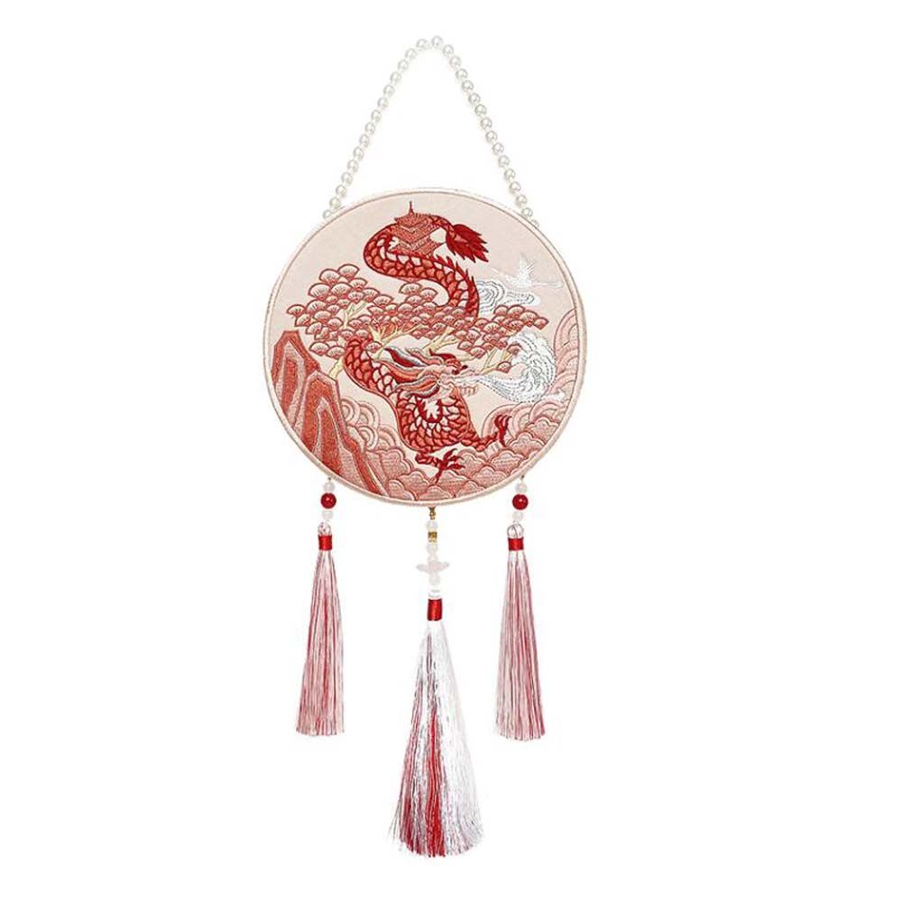 Red Dragon Handmade Hanfu Umhängetasche Chinesischer Stil Zwölf Chinesische Tierkreiszeichen Bestickte Tasche Mini Handytasche