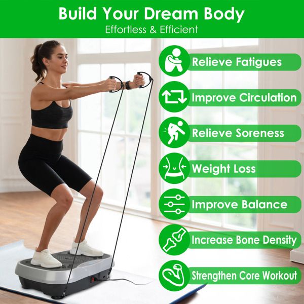 Plateforme vibrante avec bandes de résistance, télécommande, pour un entraînement complet du corps à domicile, idéal pour la perte de poids et la combustion des graisses.