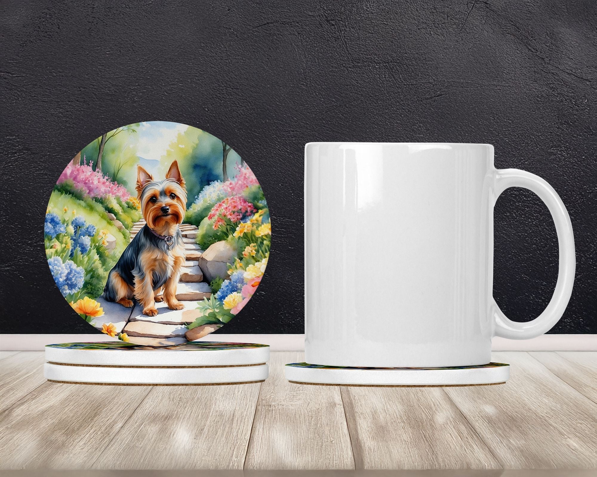 Silky Terrier Spring Path Large Sandstone Coasters Pack of 4 Absorbent Round Coasters Decor Gifts for Men or Women, 4 in, Multicolor