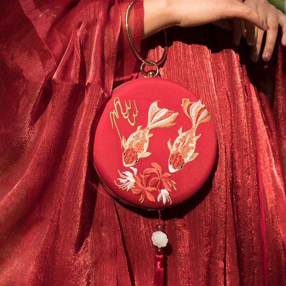 Roter Karpfen Hanfu Umhängetasche Chinesischer Stil Stickerei Handtasche Harte Hülle Retro Cheongsam Runde Handy Geldbörse Kettentasche