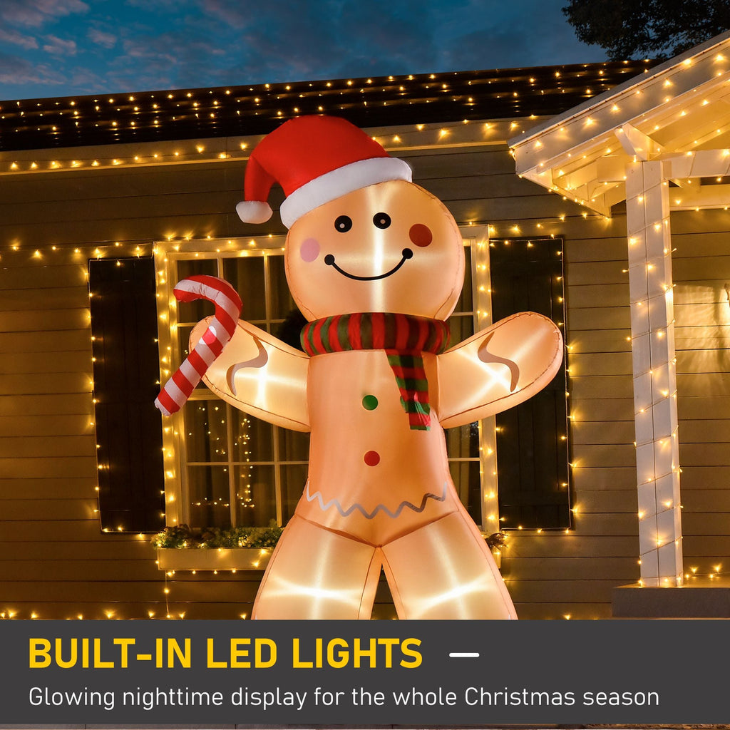 HOMCOM 2,4 m aufblasbarer Lebkuchenmann mit Zuckerstange, aufblasbare Weihnachtsdekoration für den Außenbereich mit LED-Beleuchtung