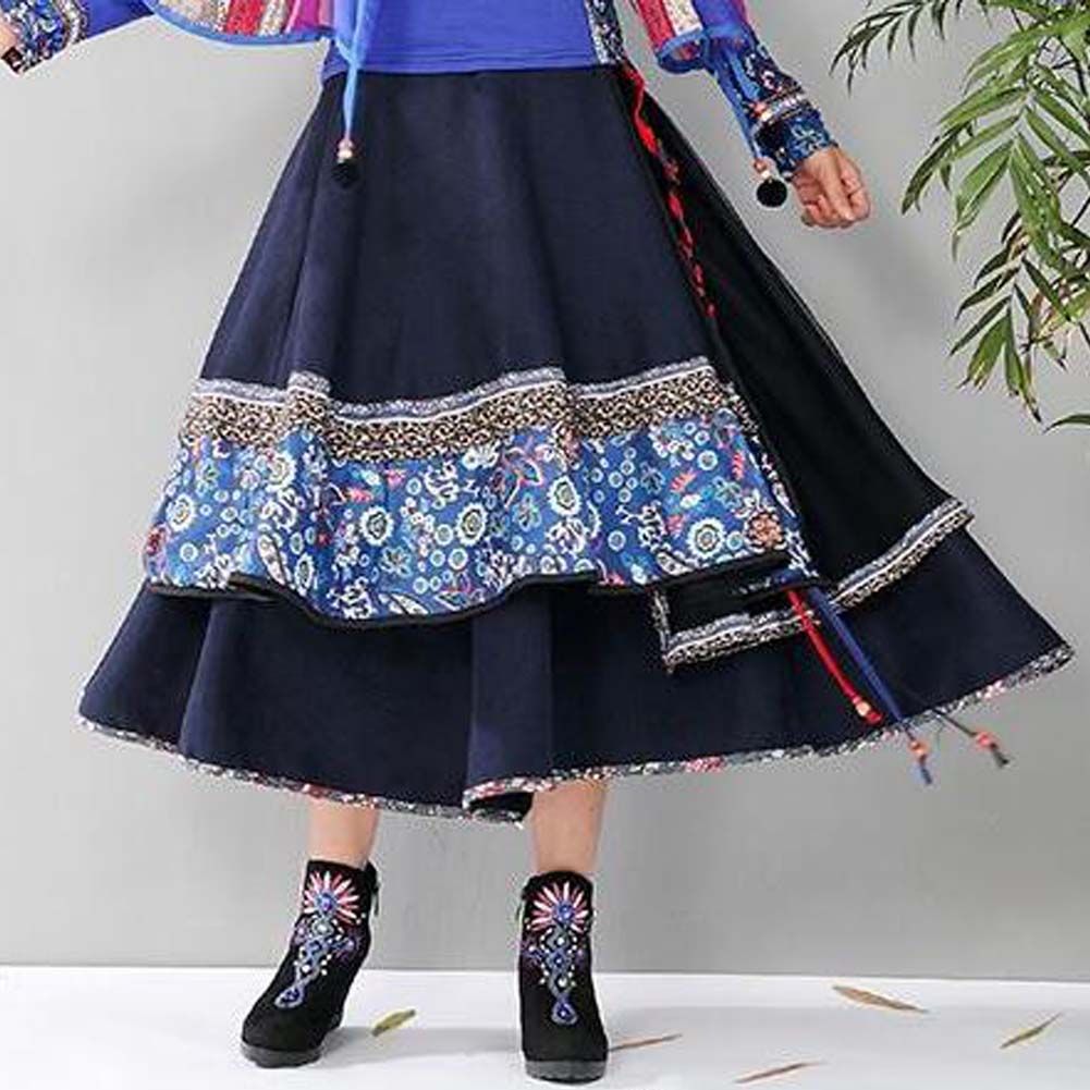 Damen Retro Midi Rock im Ethno-Stil mit Print A-Linien Rock in Blau Hohe Taille Mehrlagiger Langer Rock