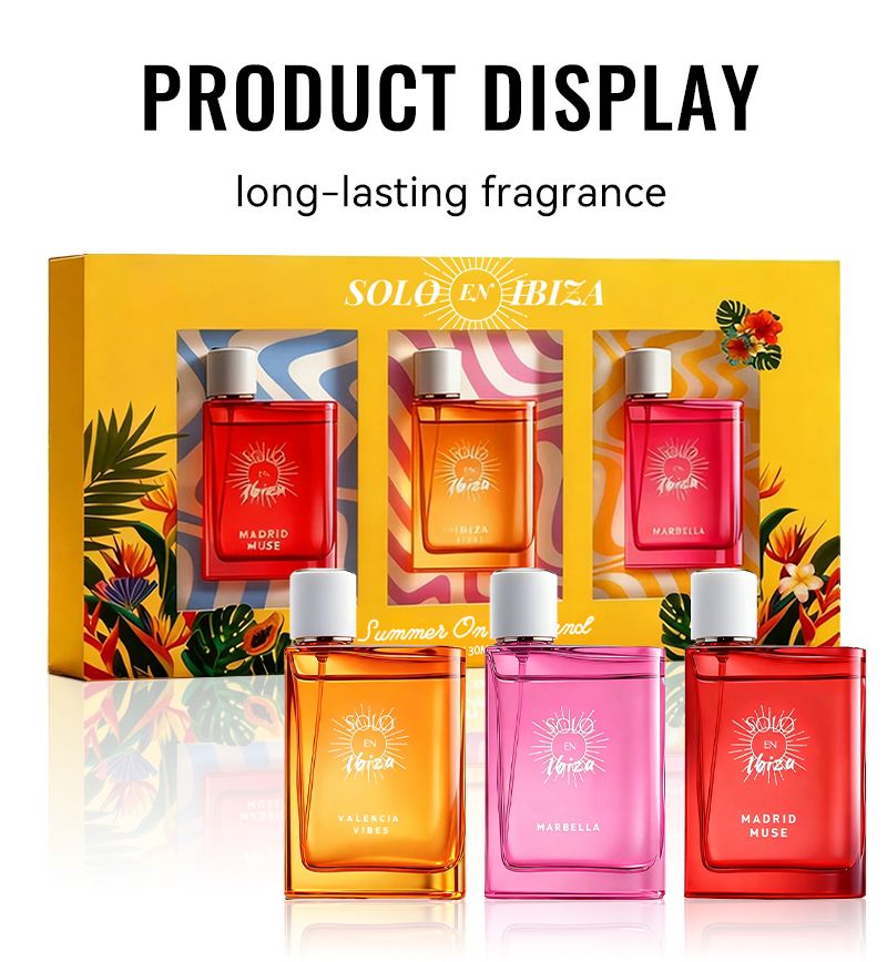 Coffret Cadeau Parfum Femme SOLO EN IBIZA - 3 x Vaporisateurs Eau de Parfum 30 ml - 3 Parfums Longue Durée - Pour les Fêtes, les Rendez-vous, l'Utilisation Quotidienne et les Soirées - Cadeau Idéal pour Femme