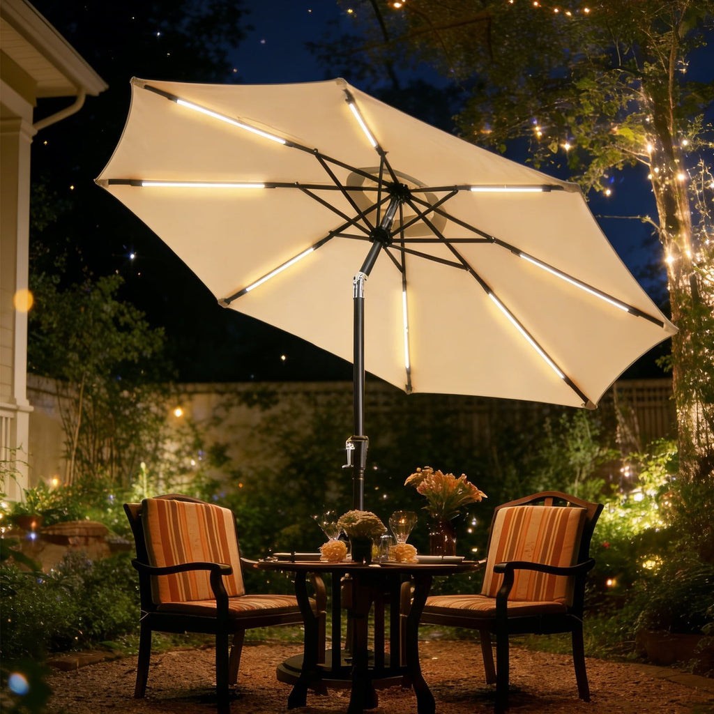 9FT Solar LED Terrassenschirm für Garten, Hinterhof & Pool – Beleuchteter Sonnenschirm mit leichtgängiger Kurbel in Beige