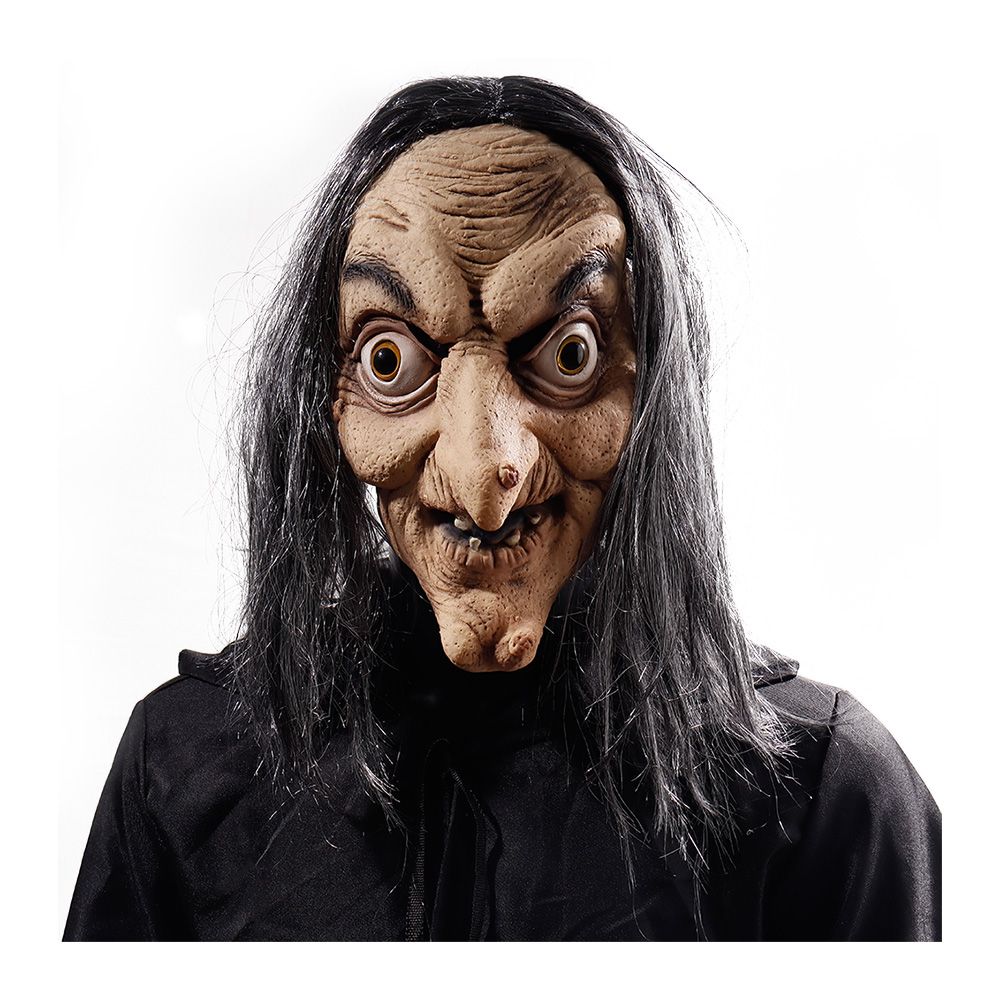 Masque d'Halloween Horreur Vieille Sorcière Cosplay Visage Fantôme Effrayant Nez Long Sorcière Casque en Latex avec Cheveux Accessoires de Fête Maison Hantée