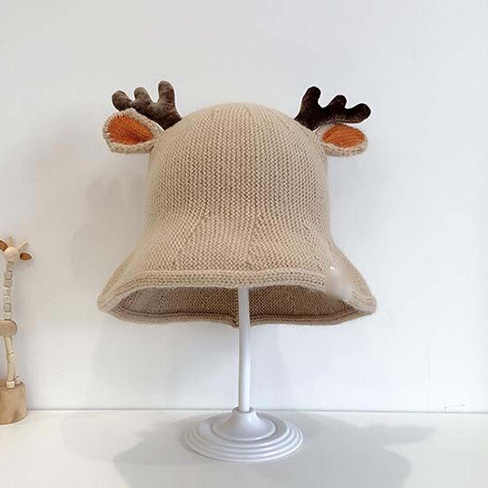 Beige Niedliche Kinder Herbst Winter Mütze Geweih Weihnachtsmütze Jungen Mädchen Fischerhut Warme Strickmütze, 1-3J