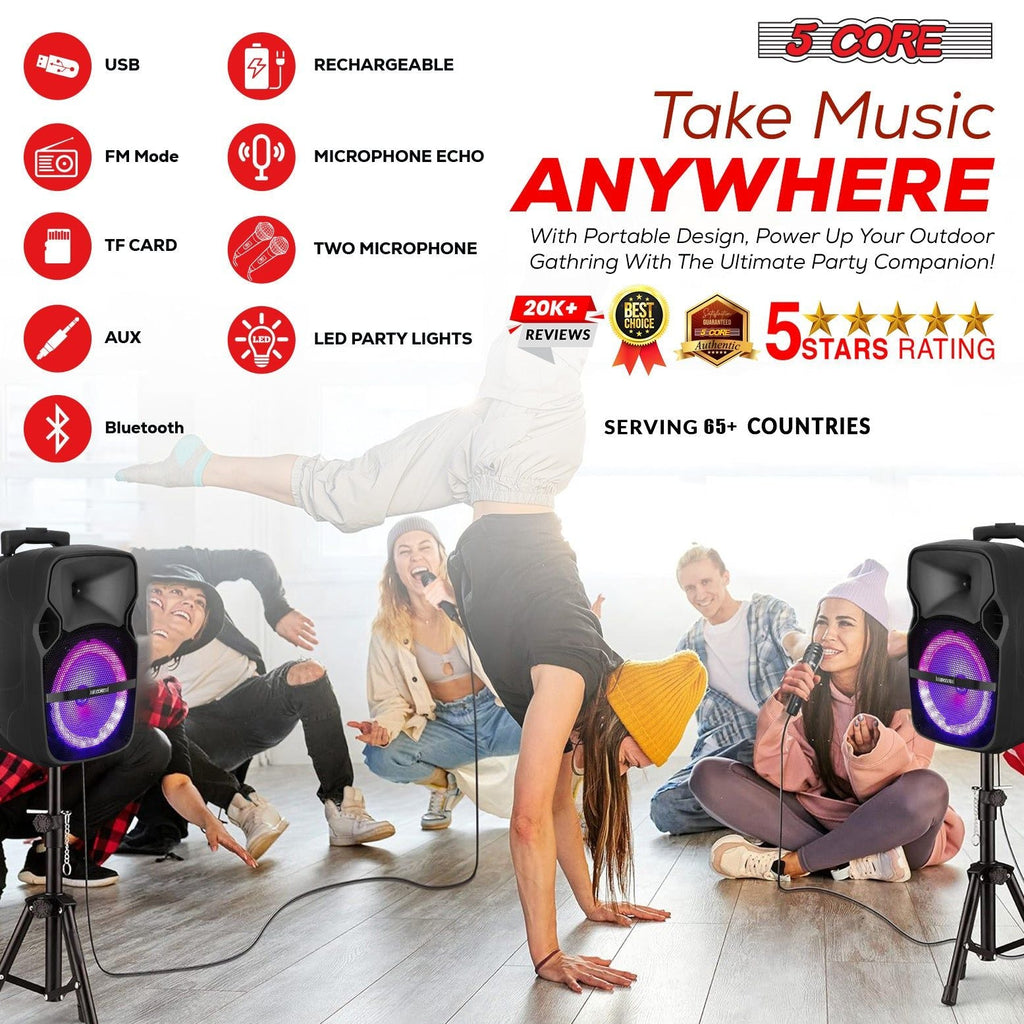 Party Starter Speaker Bluetooth 250W Big Monster Powered Rechargeable Outdoor PA DJ System w Disco Lights 2 Wireless Karaoke Mics Portable Rolling Speakers w Handle Black - ACTIVE HOME 8 2-MIC