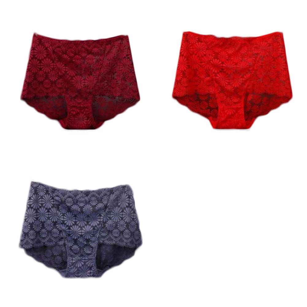 3 Stück Spitze Sexy Bikini Höschen Gänseblümchen Mesh Unterwäsche Übergröße Boyshorts Höschen für Frauen Packung, Rot Lila Grau Weinrot
