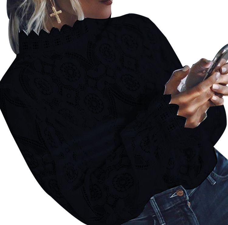 Damen Sexy Perspektive Langarm Stehkragen Spitzenbluse Damen Oberteil