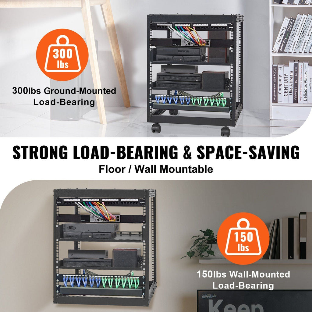 12HE Open Frame Serverschrank, 23-40 Zoll verstellbare Tiefe, freistehender oder wandmontierter Netzwerk-Serverschrank, 4-Pfosten AV Rack mit Rollen, hält alle Ihre Netzwerk-IT-Geräte AV-Ausrüstung Router Modem