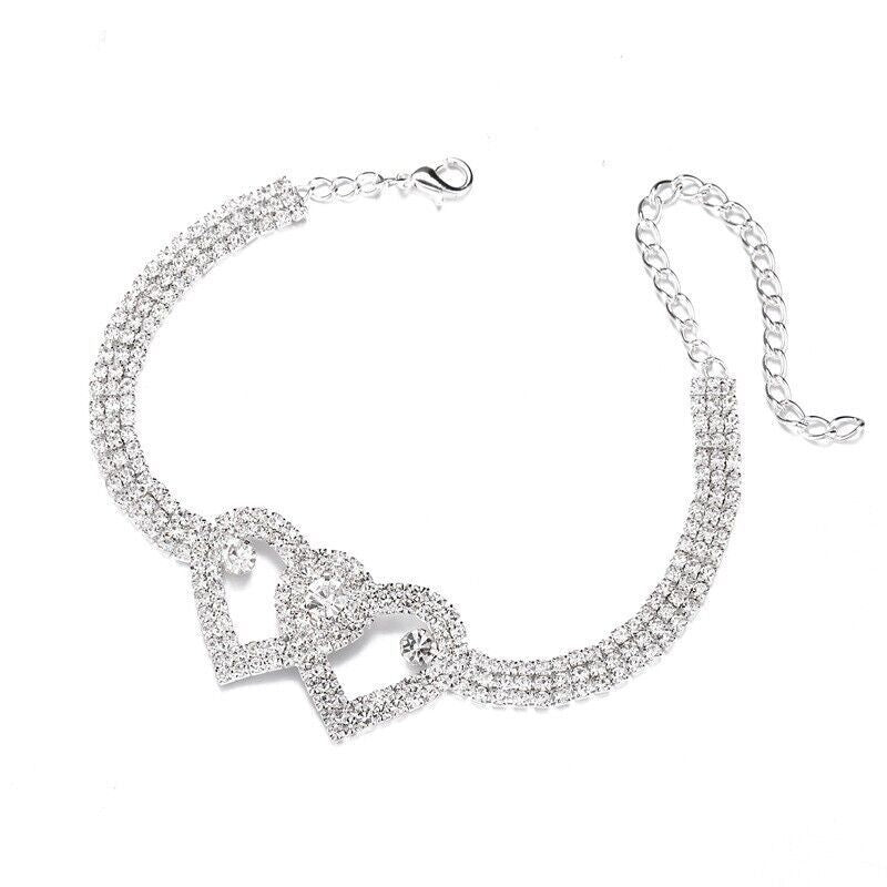 Doppel Herz Fußkettchen Armband Liebe Barfußkette Bling Kristall Fußkettchen US