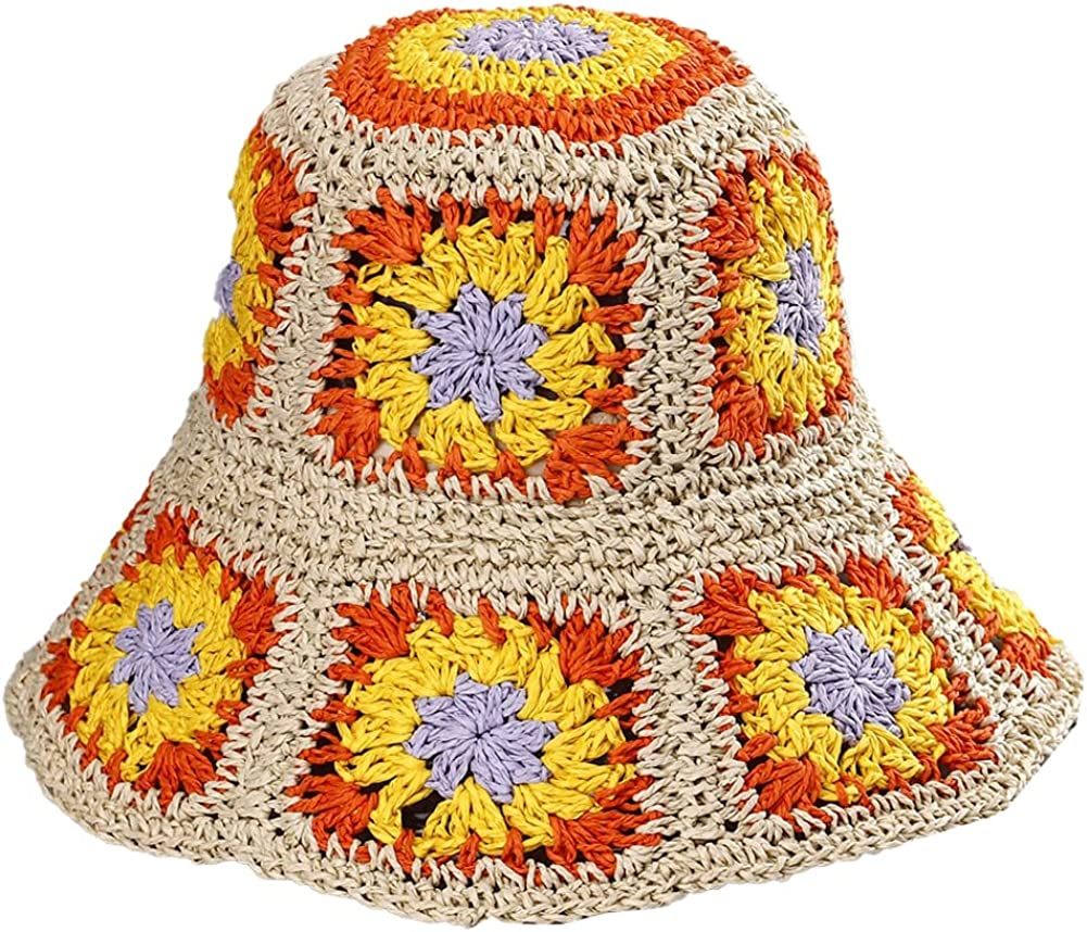 Damen Stroh Sonnenhut Blumen Gewebter Fischerhut Strandhut Handgewebter Faltbarer Hut