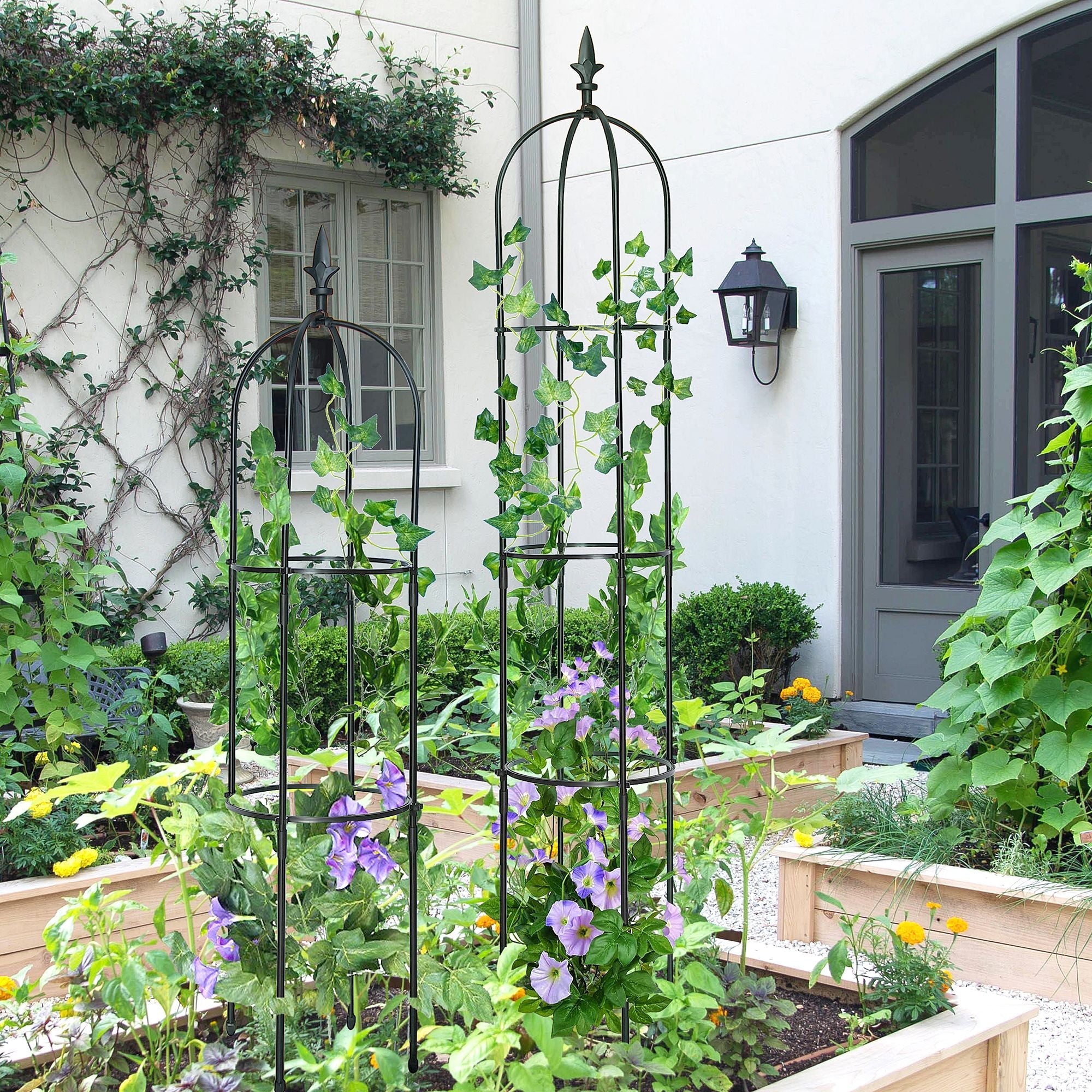 1,9m Garten-Obelisk-Rankgitter; Leichtes, rostbeständiges, kunststoffbeschichtetes Rankgitter aus Metall, hoher Turm