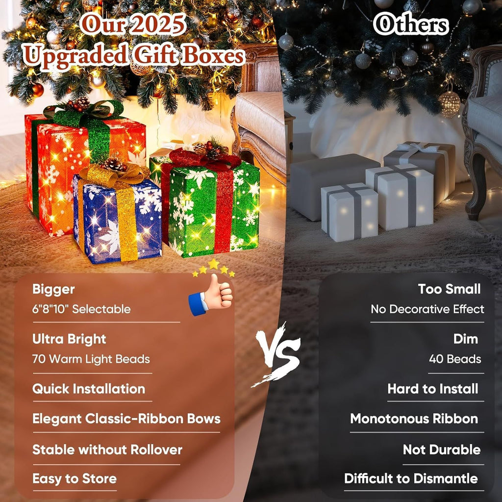 3 grandes boîtes cadeaux pour décorations de Noël extérieures, 25,4 cm, 20,3 cm, 15,2 cm avec mini guirlandes lumineuses de 70 LED pré-éclairées, boîtes cadeaux lumineuses avec paillettes pour Noël, mariage, fête