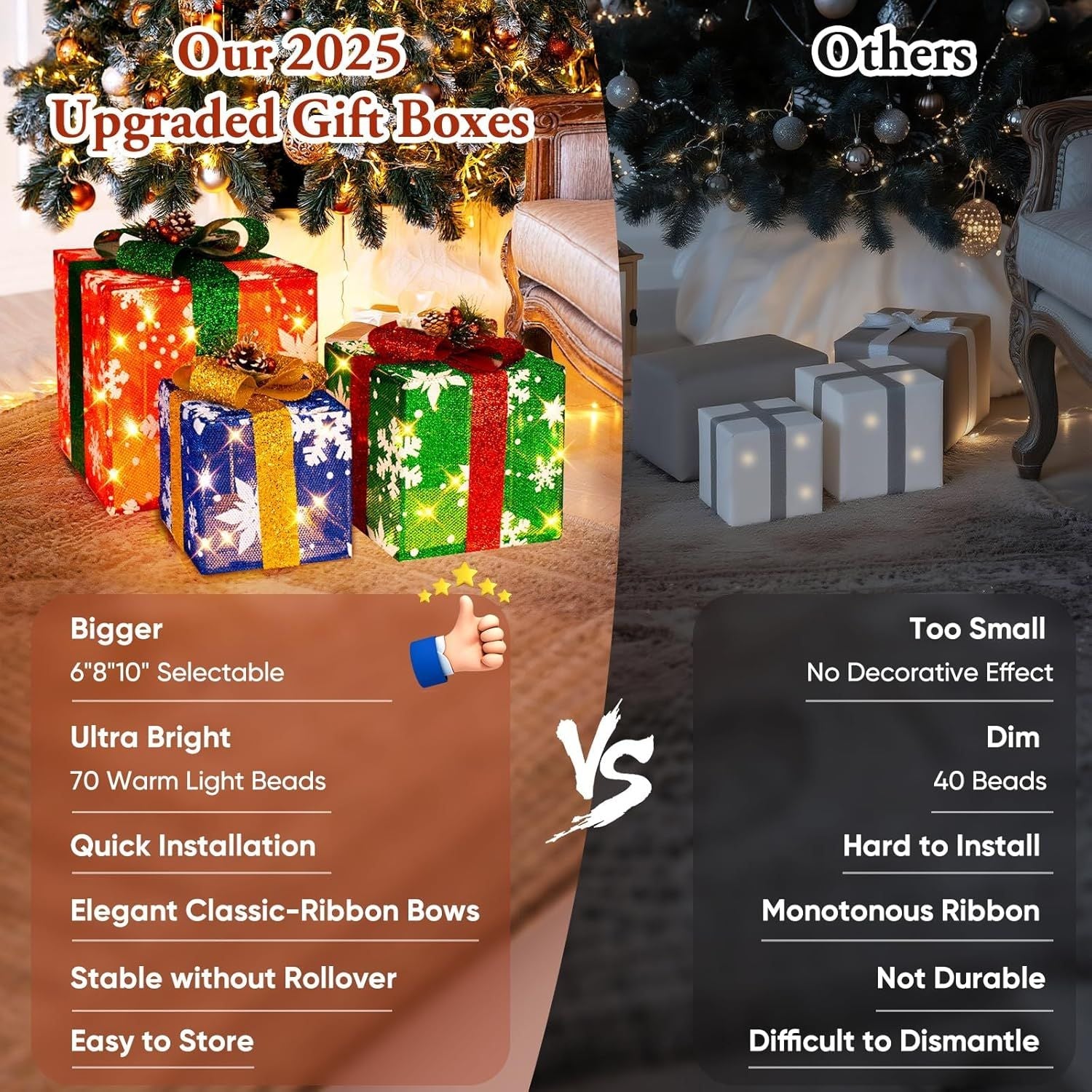 3 grandes boîtes cadeaux pour décorations de Noël extérieures, 25,4 cm, 20,3 cm, 15,2 cm avec mini guirlandes lumineuses de 70 LED pré-éclairées, boîtes cadeaux lumineuses avec paillettes pour Noël, mariage, fête