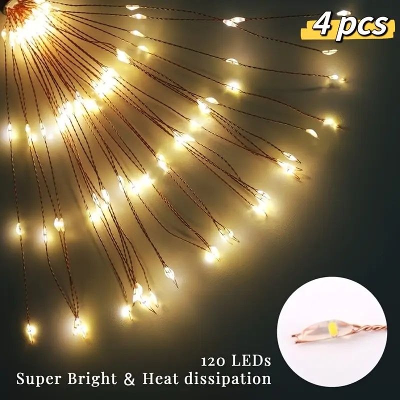 120 LED Solar-Feuerwerkslichter, Starburst Lichterkette mit 8 Leuchtmodi, IP4X, Solarbetriebene Wegeleuchten für Terrasse, Garten, Weihnachtsdekoration, Material: Kunststoff & Kupfer, Keine Federn,