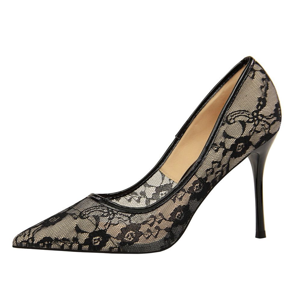 Damenpumps; sexy High Heels; Damenschuhe; Stiletto-Absätze; spitze High Heels; Mesh-Ausschnitte mit Spitzenbesatz