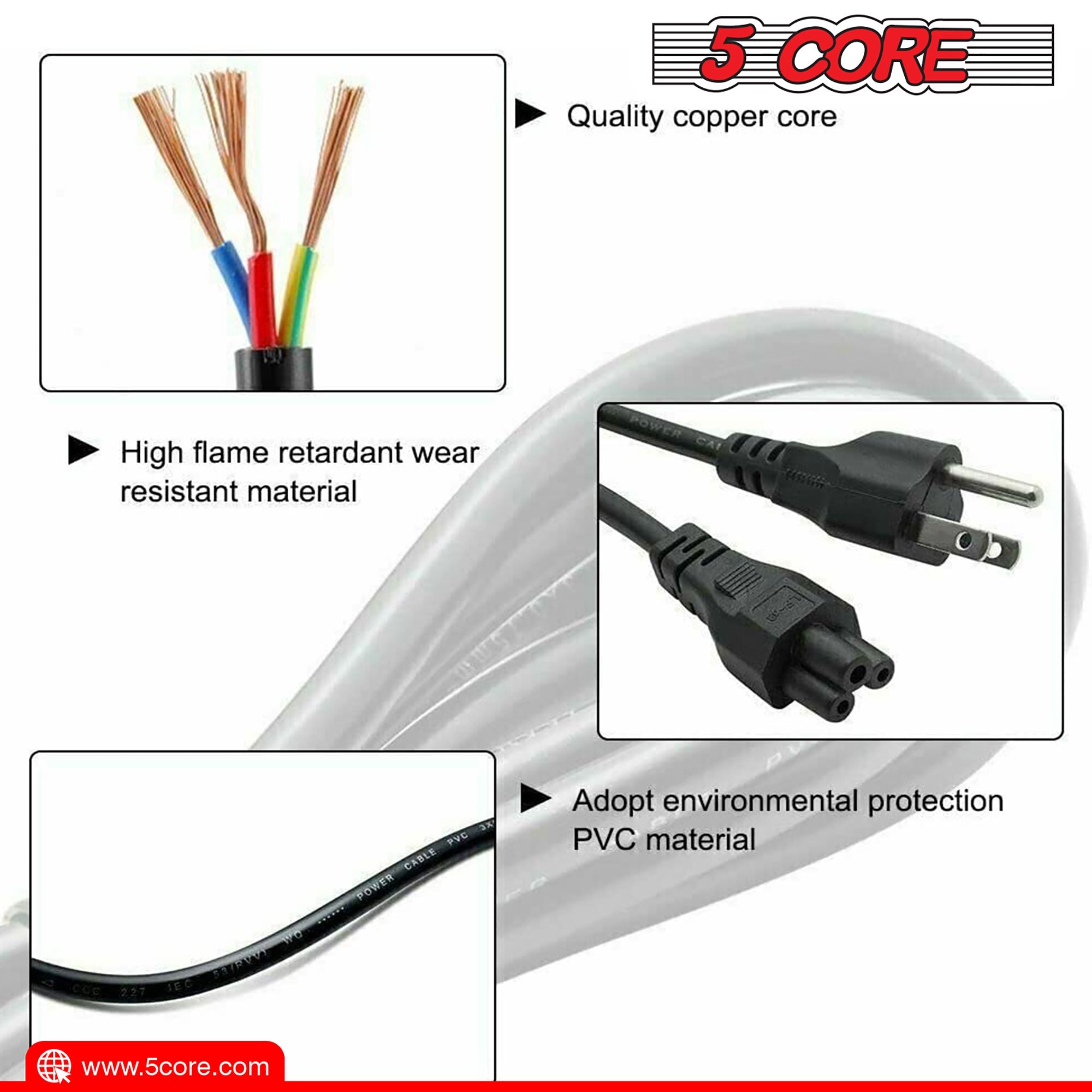 12ft 3-poliges, nicht polarisiertes AC-Netzkabel für HP Dell Samsung Sony Asus Acer Toshiba Laptop-Ladegerät, LED-LCD-Monitor Ersatz-Stromkabel PL 1002