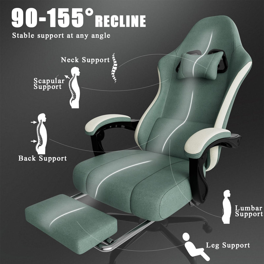 Chaise de jeu ergonomique avec coussin à ressorts ensachés, chaise d'ordinateur en tissu respirant avec repose-pieds, chaise de jeu vidéo avec soutien lombaire réglable pour adultes (Tissu)