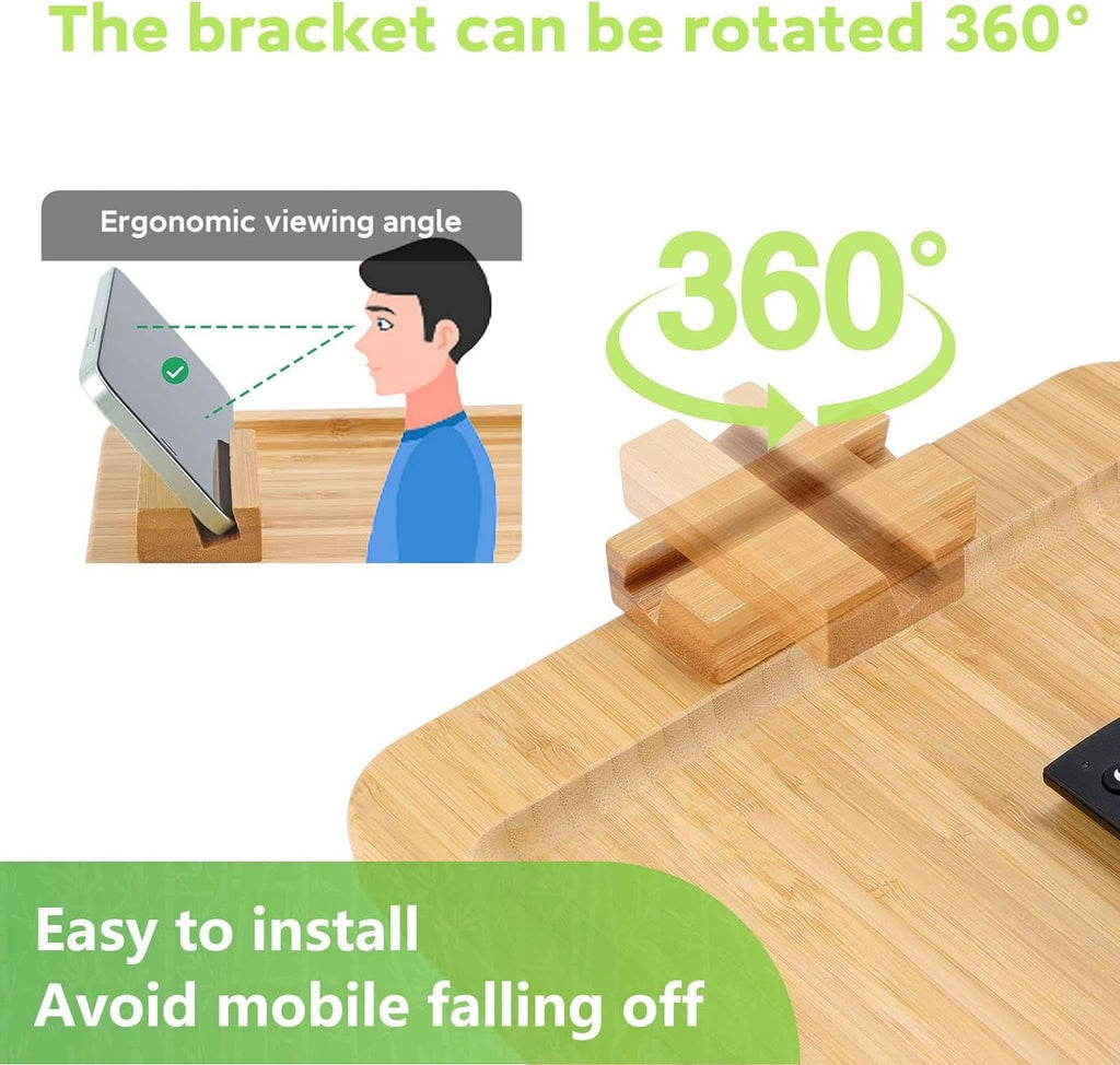 Bambus Sofa-Clip-Beistelltisch für breite Sofas, zusammenklappbares Couchtablett mit 360° drehbarer Handyhalterung, Armlehnentisch zum Essen/Trinken/Snacken/Fernbedienung