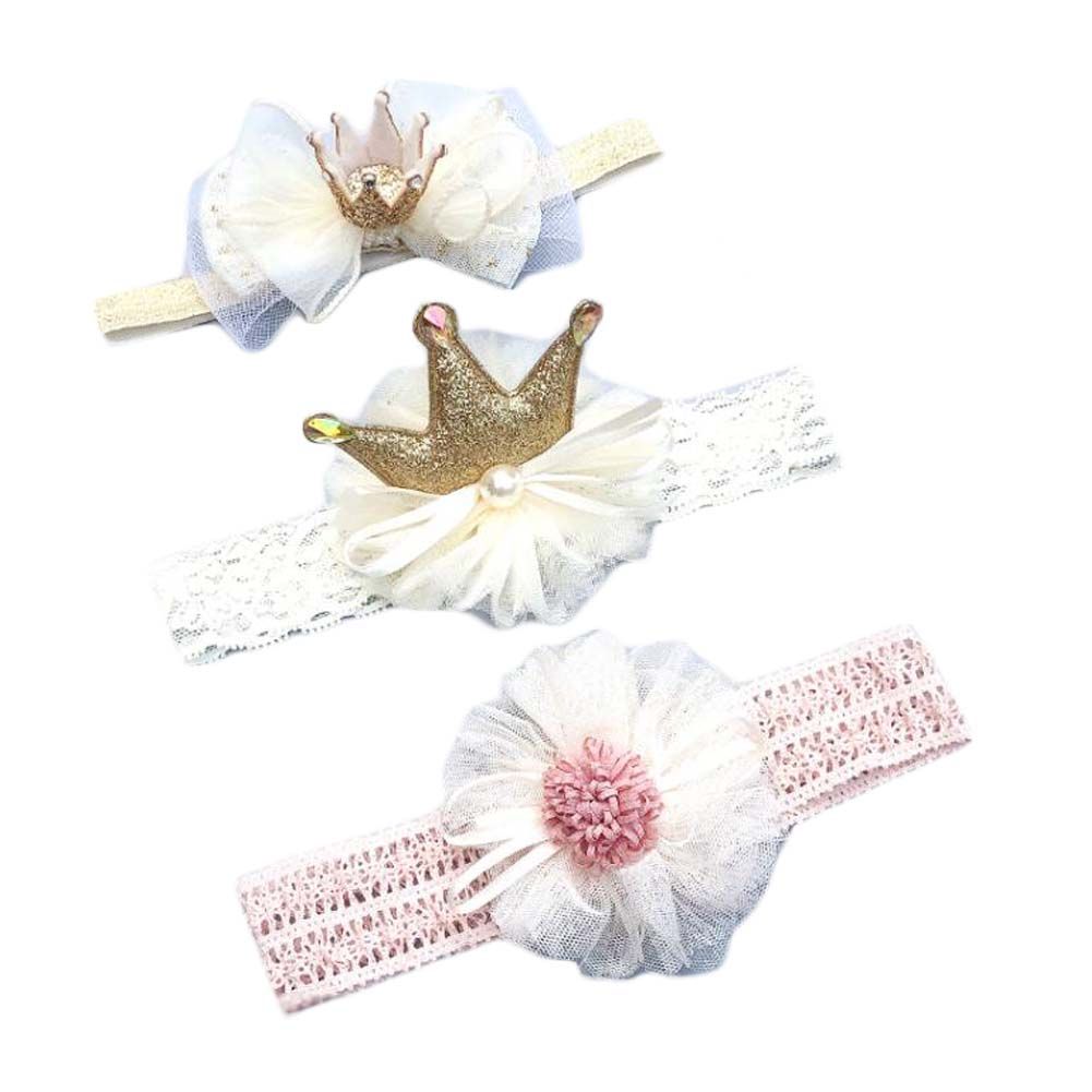 3 Stück Beige Baby Mädchen Süße Haarbänder Schleifen Stirnbänder Weiße Blumenkranz Kopfbedeckung
