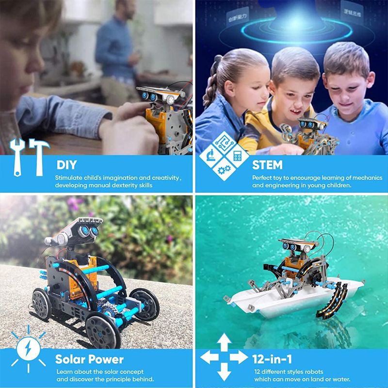 Kit robot solaire STEM pour enfants ; 12-en-1 jouets scientifiques éducatifs STEM ; Kit de construction DIY alimenté par l'énergie solaire pour garçons et filles de 8 9 10 11 12 13 ans