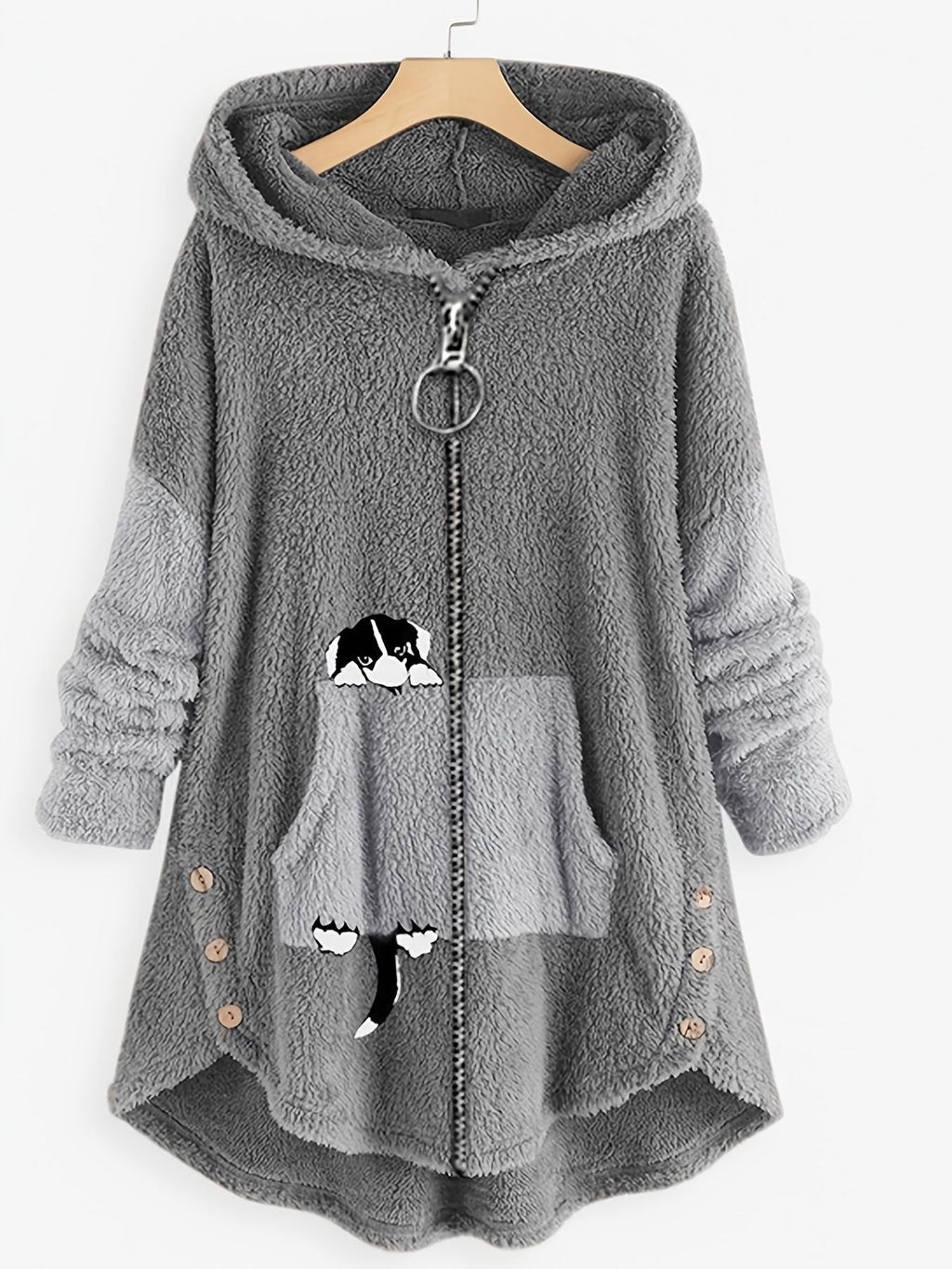 Große Größen Cartoon Welpendruck Colorblock Hoodie mit Reißverschluss, flauschiger Mantel; Damen Plus Size leichter Stretch Freizeit-Mantel