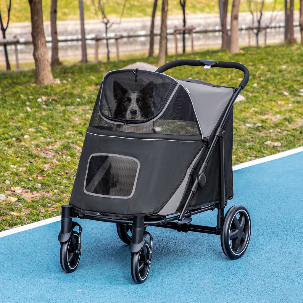 Tierkinderwagen Hunde-Katzen-Buggy mit Ein-Klick-Faltung, universellen Vorderrädern, Stoßdämpfern, Bremsen, Aufbewahrungstaschen, Netzfenster
