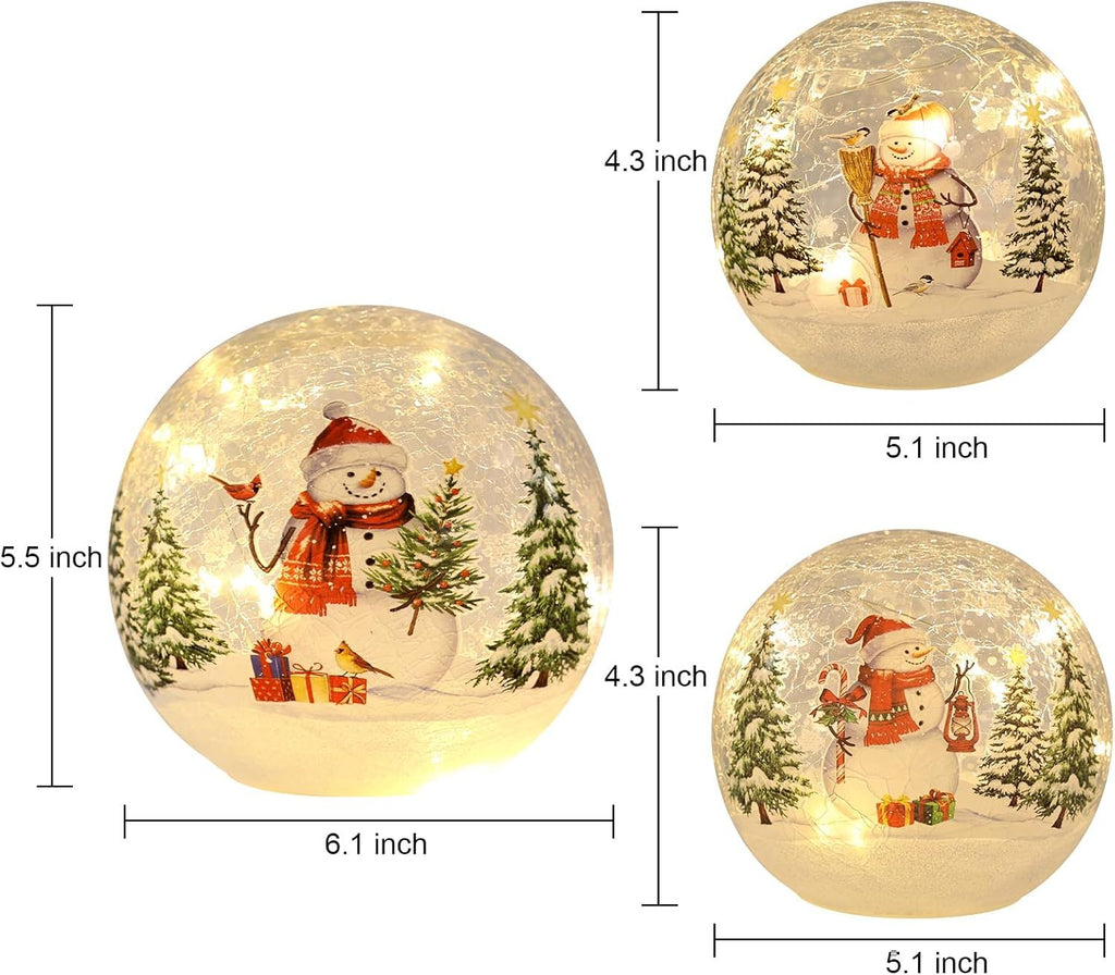 Décorations de Noël d'intérieur, Lot de 3 boules de verre craquelé Bonhomme de neige avec lumières LED, Décorations de table de Noël Globes lumineux avec minuterie pour cheminée, manteau de cheminée, table