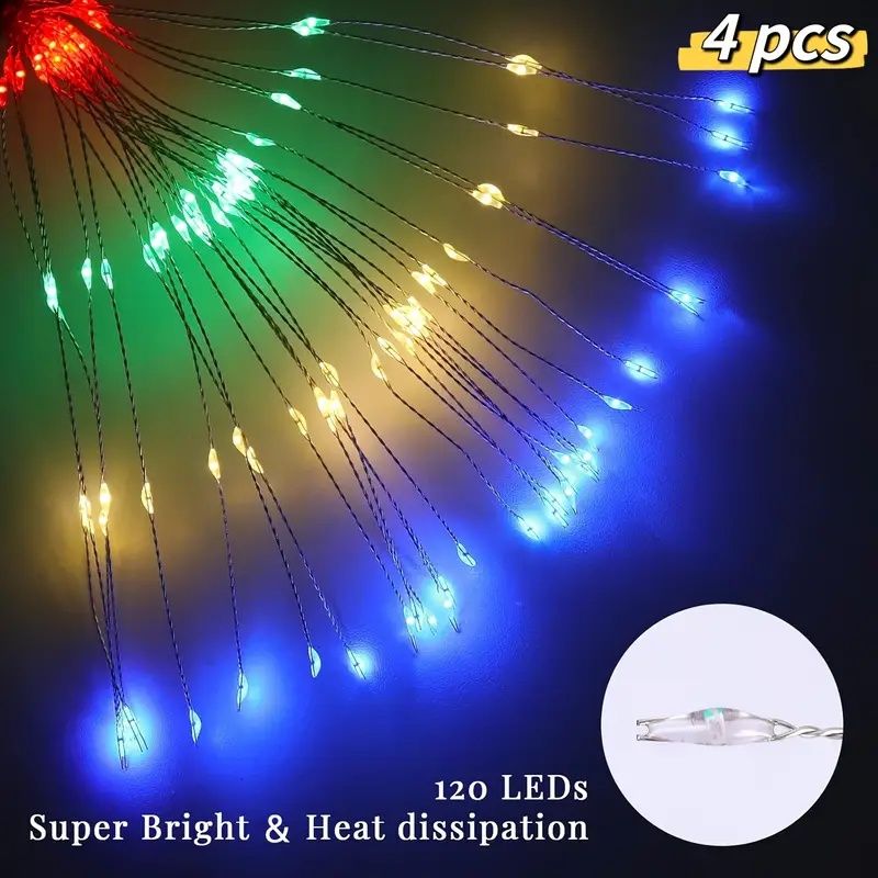 120 LED Solar-Feuerwerkslichter, Starburst Lichterkette mit 8 Leuchtmodi, IP4X, Solarbetriebene Wegeleuchten für Terrasse, Garten, Weihnachtsdekoration, Material: Kunststoff & Kupfer, Keine Federn,