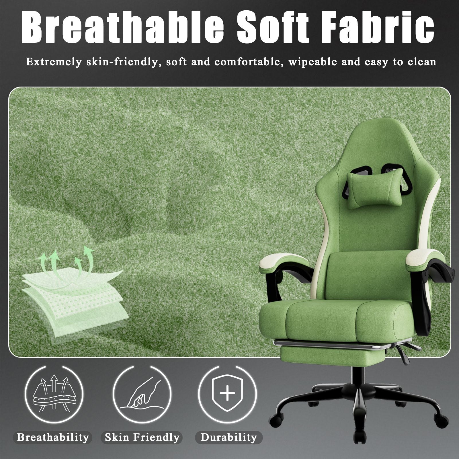 Chaise de jeu ergonomique avec coussin à ressorts ensachés, chaise d'ordinateur en tissu respirant avec repose-pieds, chaise de jeu vidéo avec soutien lombaire réglable pour adultes (Tissu)