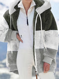 Farbblock Teddy-Fleece-Mantel mit Kapuze, lässige Winterjacke mit Reißverschluss und langen Ärmeln, Damenbekleidung