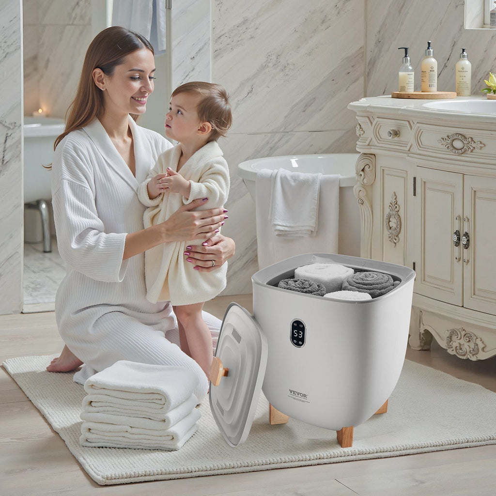 VEVOR Handtuchwärmer-Eimer, 25L beheizter Handtuchwärmer mit LED-Anzeige, Große Deckenwärmer für Badezimmer, 20/40/60/90 Min. Timer und Temperatureinstellung, für SPA, Zuhause, Arbeitsplatte, Boden, Grau