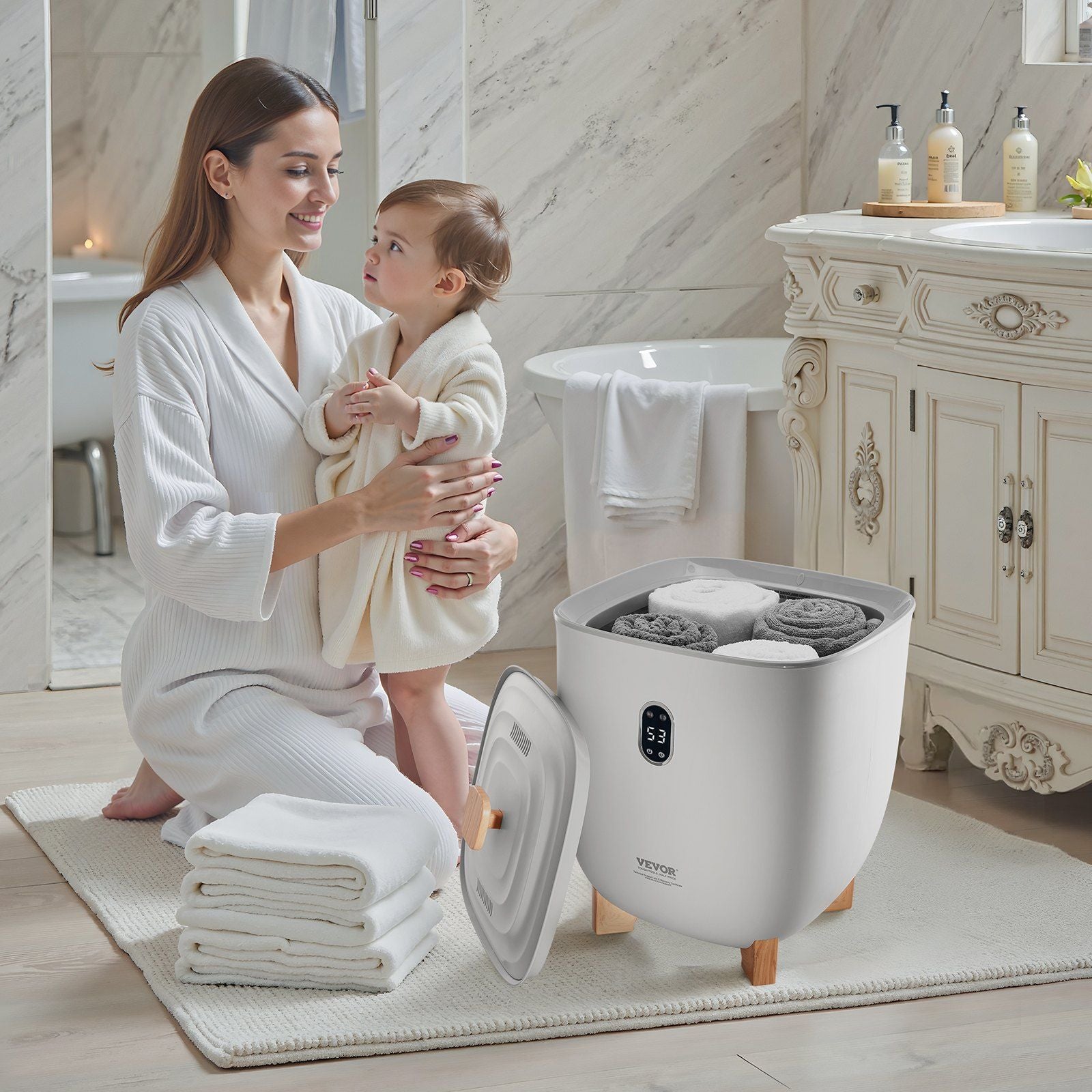 VEVOR Handtuchwärmer-Eimer, 25L beheizter Handtuchwärmer mit LED-Anzeige, Große Deckenwärmer für Badezimmer, 20/40/60/90 Min. Timer und Temperatureinstellung, für SPA, Zuhause, Arbeitsplatte, Boden, Grau