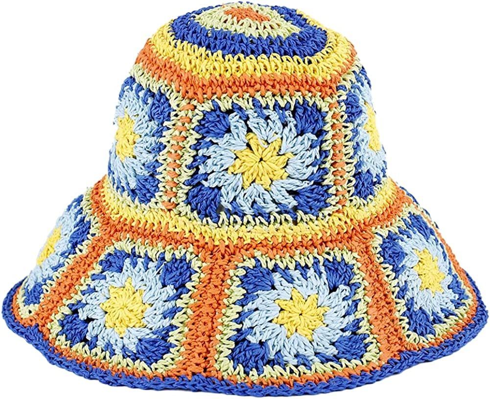 Damen Stroh Sonnenhut Blumen Gewebter Fischerhut Strandhut Handgewebter Faltbarer Hut