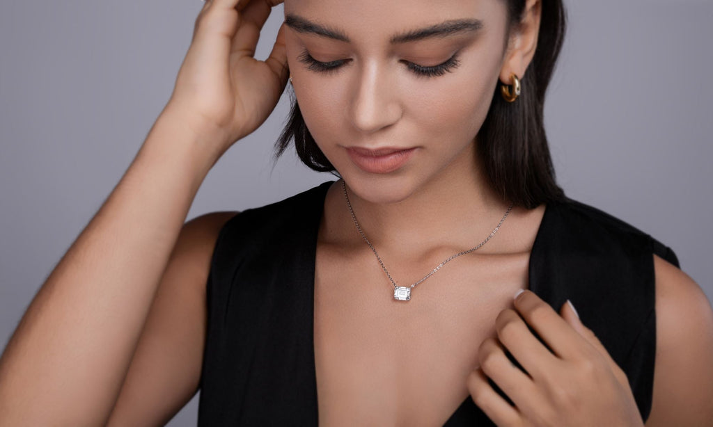 Mirage im Spiegel – Ein modisches und trendiges Schmuckset aus Halskette und Anhänger mit achteckigem 9*11 Moissanit, S925 Sterlingsilber und platinbeschichtetem Diamant