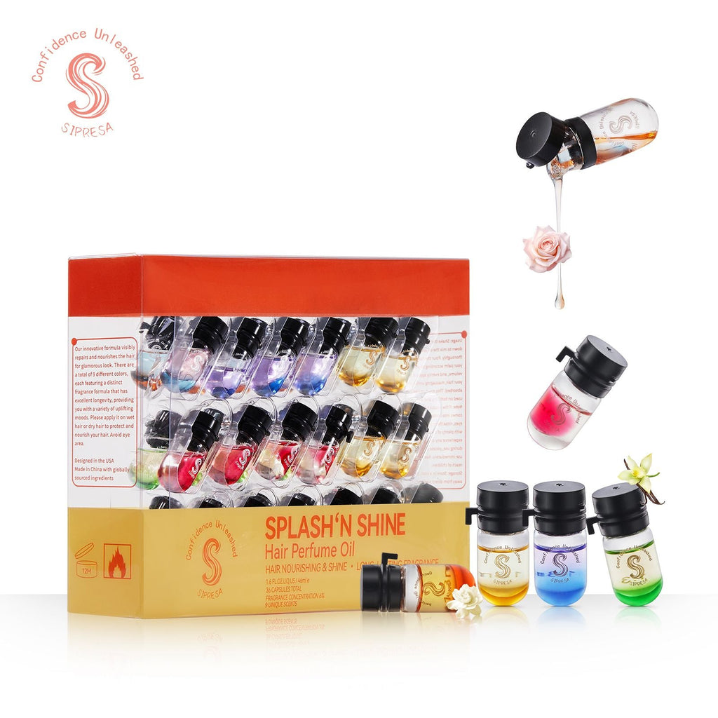 Sipresa Splash'n Shine Haarparfüm-Öl 9 einzigartige Düfte in 1 Packung Natürliche Pflanzenöle 72 Std. langanhaltender Duft 36-teiliges Reise-Set Haarpflege