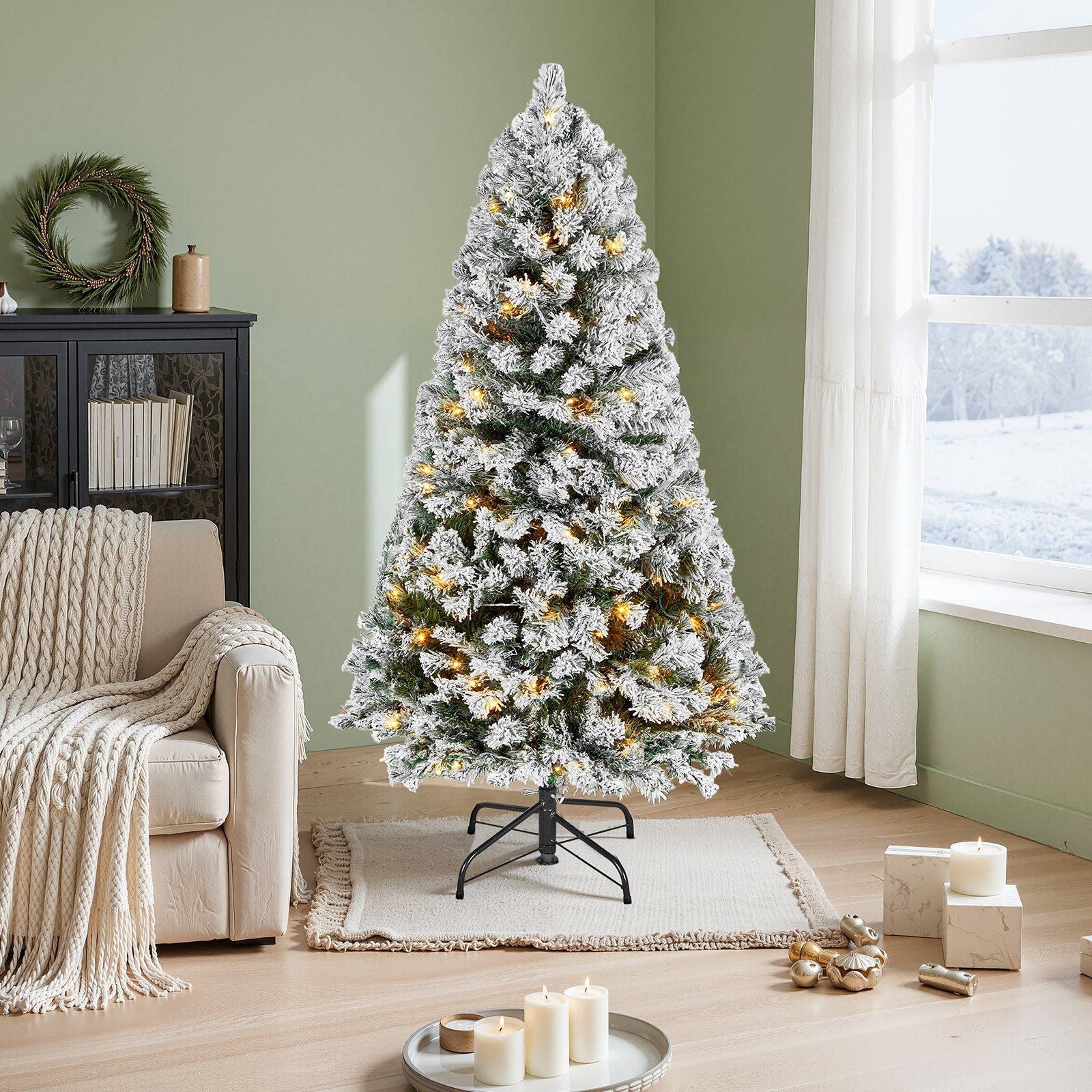 VEVOR Weihnachtsbaum, 1,2 m großer, vorbeleuchteter, beflockter Kunstbaum, voller Weihnachtsbaum mit 120 warmweißen LED-Lichtern, 8 Beleuchtungsmodi und 539 Zweigspitzen für Heim-, Party- und Bürodekoration