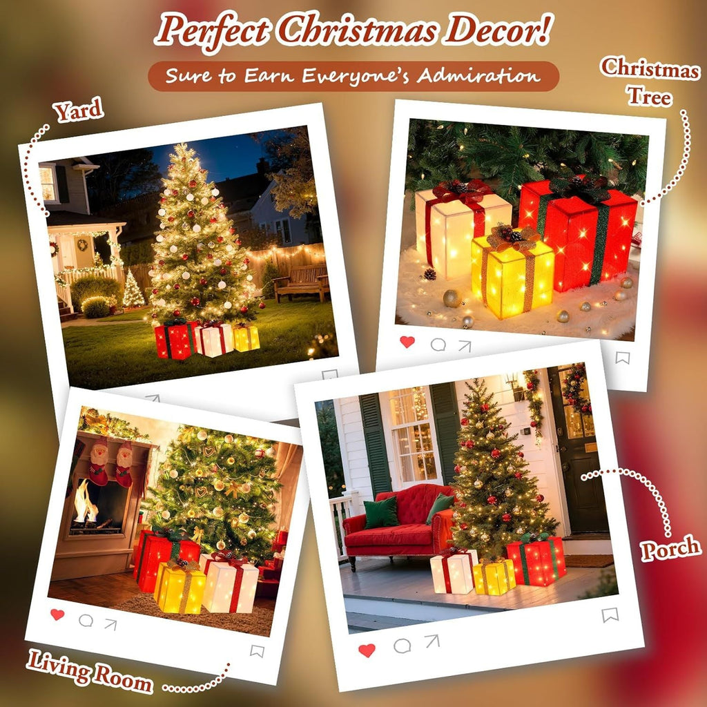 3 grandes boîtes cadeaux pour décorations de Noël extérieures, 25,4 cm, 20,3 cm, 15,2 cm avec mini guirlandes lumineuses de 70 LED pré-éclairées, boîtes cadeaux lumineuses avec paillettes pour Noël, mariage, fête