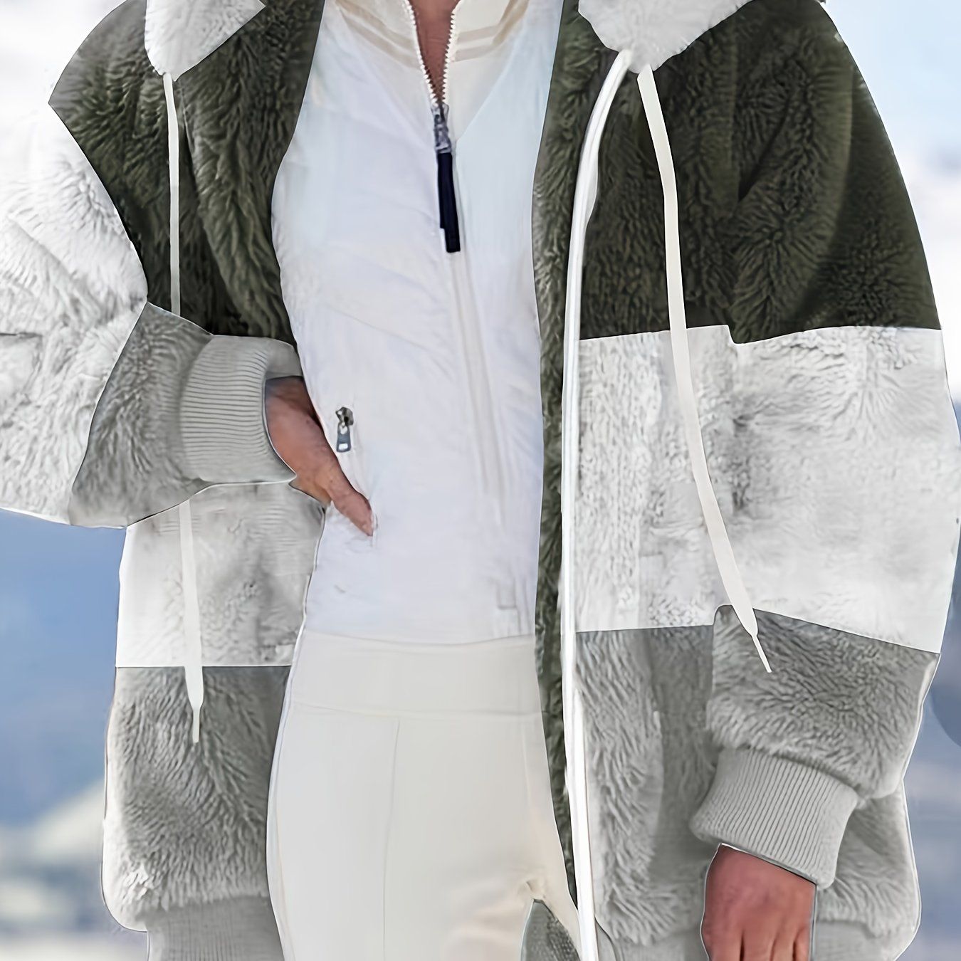 Farbblock Teddy-Fleece-Mantel mit Kapuze, lässige Winterjacke mit Reißverschluss und langen Ärmeln, Damenbekleidung