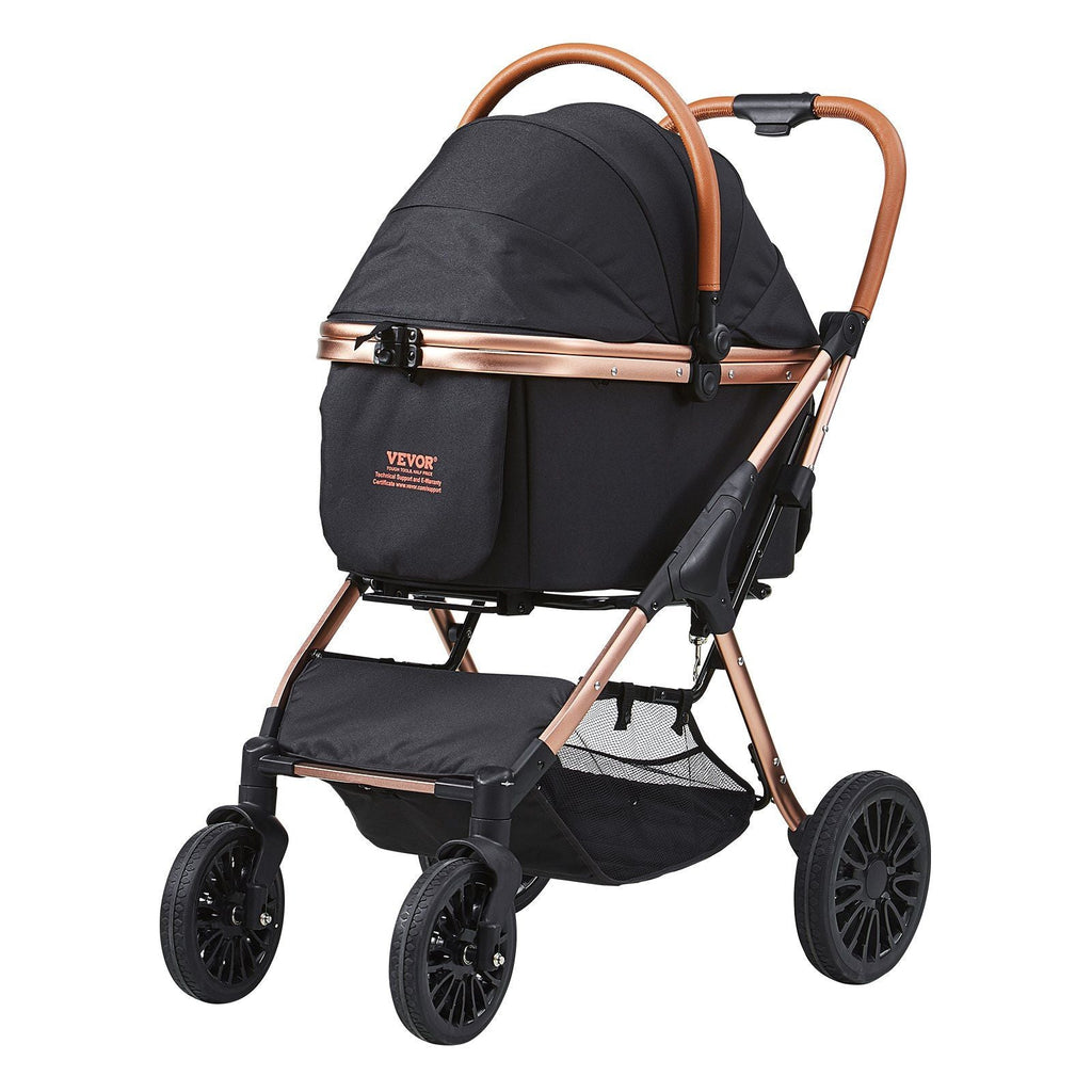 Tierkinderwagen – 4 Räder Hundebuggy drehbar mit Bremsen, 30 kg Tragkraft, Welpenwagen mit abnehmbarer Transportbox, Aufbewahrungskorb und Haustiermatte, für kleine bis mittelgroße Hunde, Schwarz