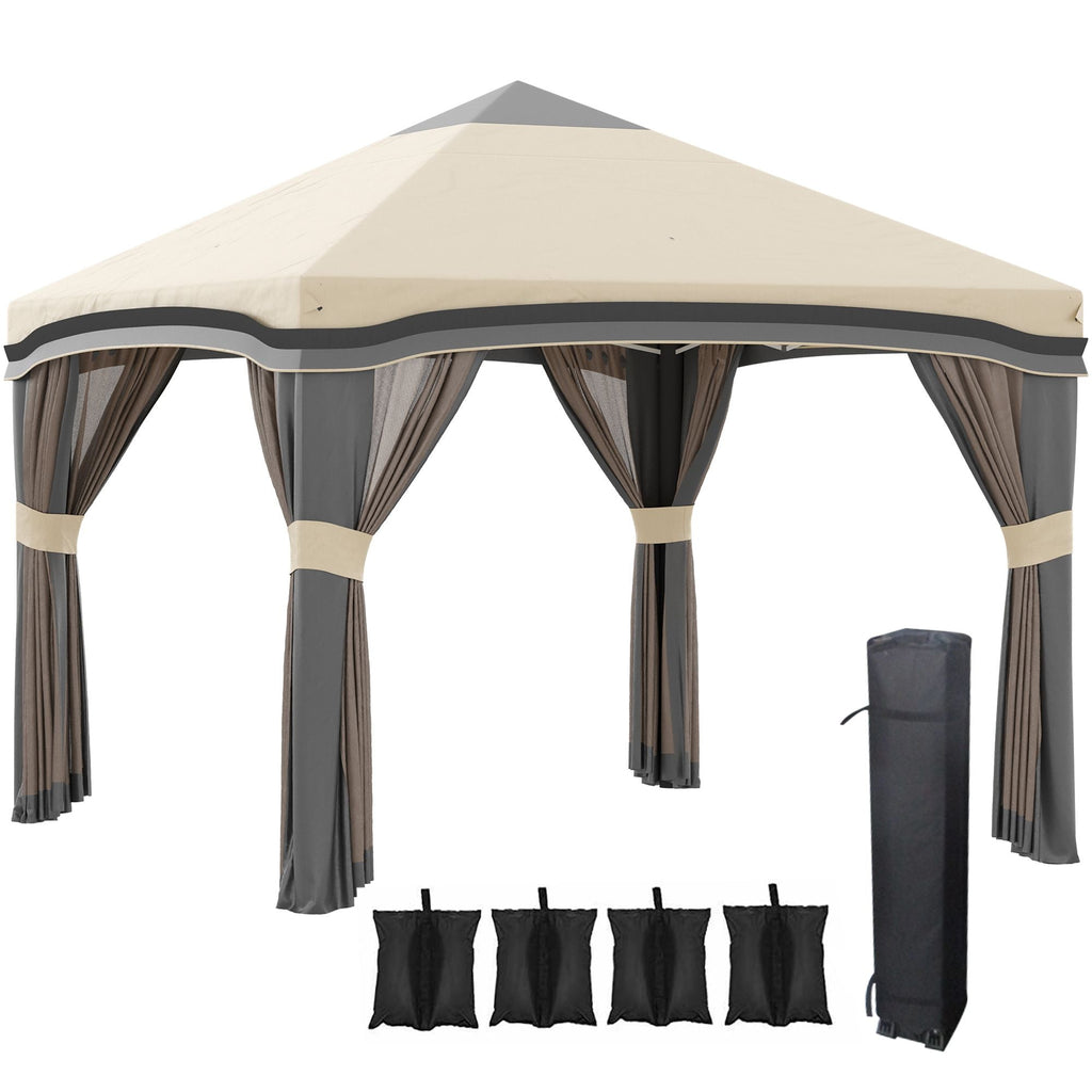 10x10 Pop-Up Pavillon, Moskitonetz, faltbar, höhenverstellbar, Tragetasche mit Rollen, 4 Sandsäcke, Beige