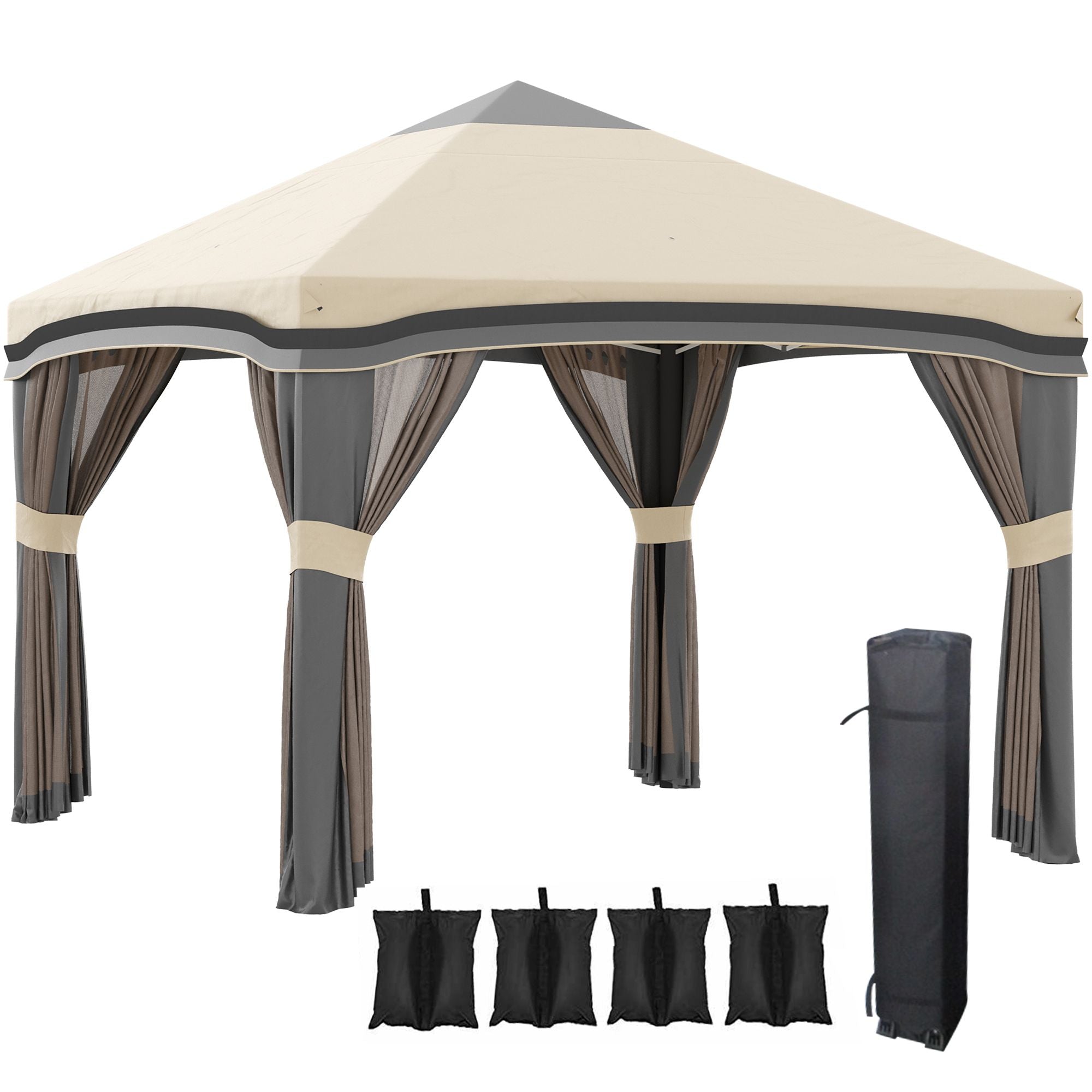 10x10 Pop-Up Pavillon, Moskitonetz, faltbar, höhenverstellbar, Tragetasche mit Rollen, 4 Sandsäcke, Beige