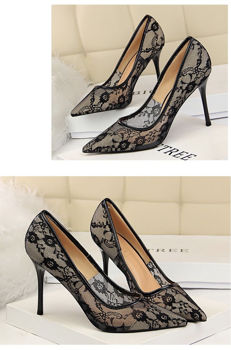Damenpumps; sexy High Heels; Damenschuhe; Stiletto-Absätze; spitze High Heels; Mesh-Ausschnitte mit Spitzenbesatz