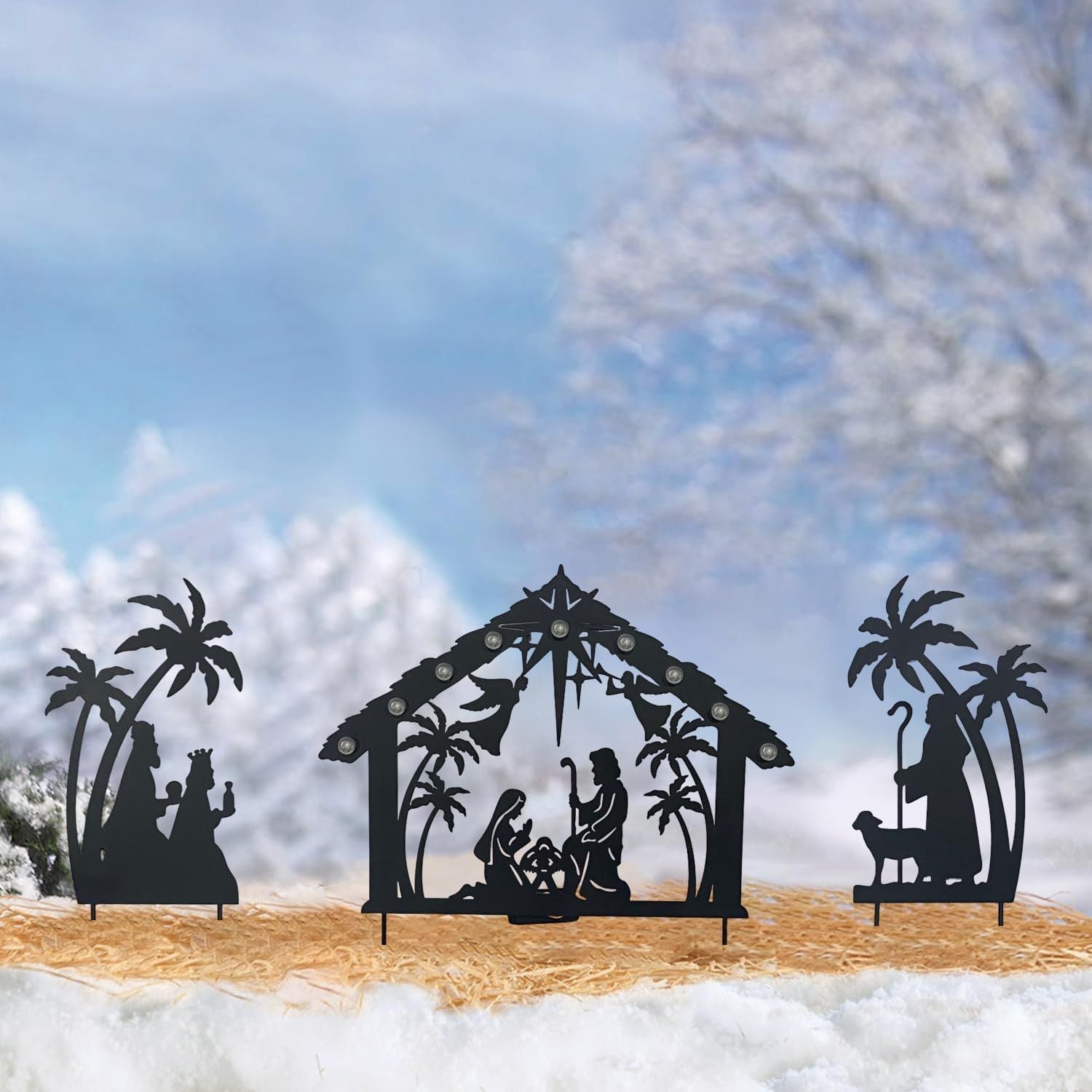 Weihnachtsgarten Jesus Krippenszene Dekoration, solarbeleuchtetes Outdoor-Krippenset mit 9 LED-Leuchten, Weihnachtsdekoration für Innen- und Außenbereich, Feiertagsparty, Garten, Hof, Rasen Dekoration